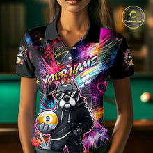 Load image into Gallery viewer, Women wearing personalized billiards polo shirt with a american bully dog holding a nine ball, integrated with colorful streaks and pool ball elements.