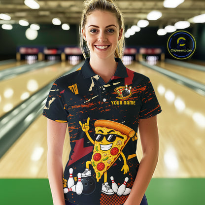 Custom Funny Pizza Bowling Team Shirts Bowling Jersey for Women Polo & 1/4 Zip Bowling League HNT473