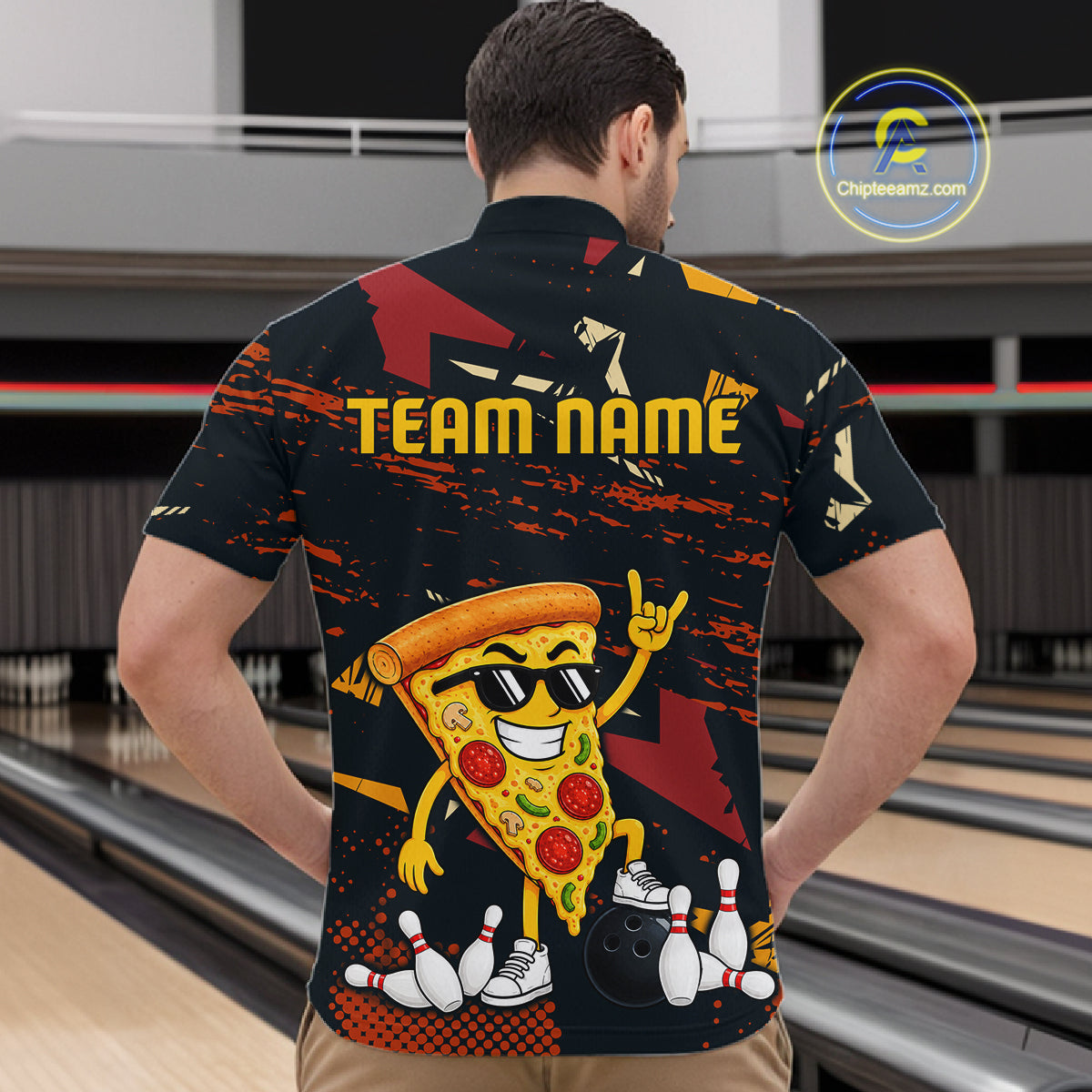 Custom Funny Pizza Bowling Team Shirts Bowling Jersey for Men Polo & 1/4 Zip Bowling League HNT473