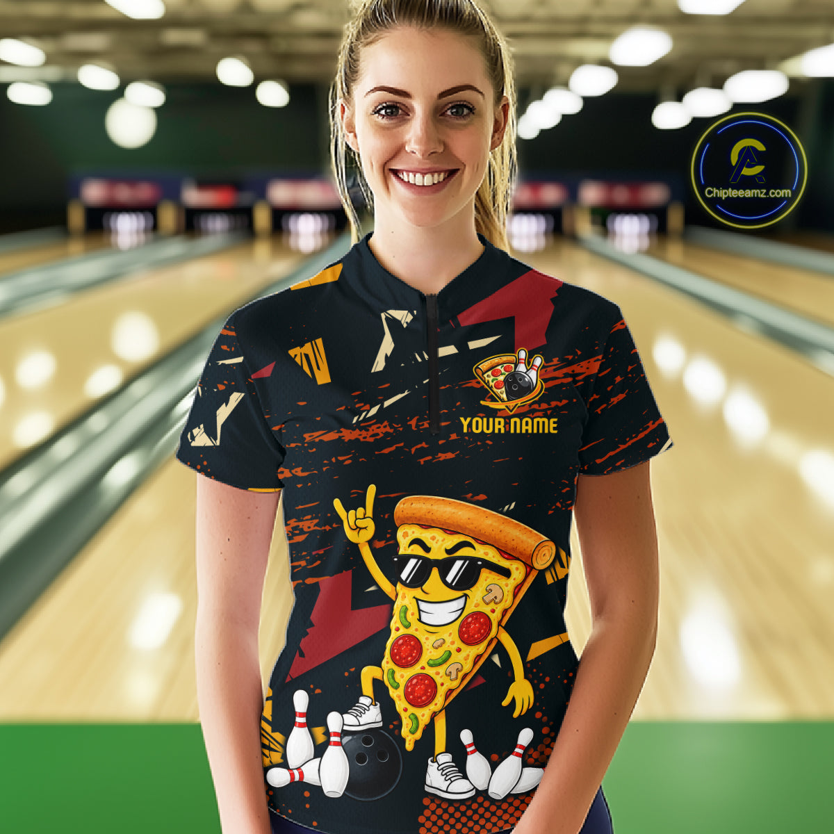 Custom Funny Pizza Bowling Team Shirts Bowling Jersey for Women Polo & 1/4 Zip Bowling League HNT473