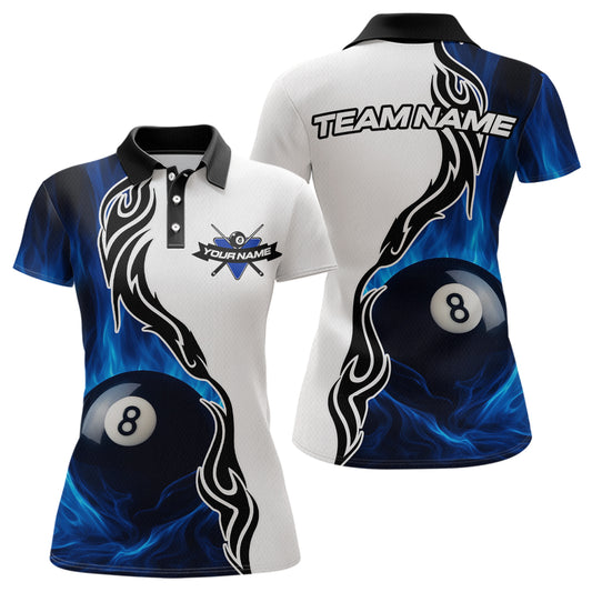Custom Blue Flame 8 Ball Billiard Shirts for Women Billiard Team Shirts Billiard League Polo & 1/4 Zipper NNT88
