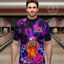 Load image into Gallery viewer, Man wearing a black and purple bowling quarter zip shirt featuring a cartoon dachshund wearing sunglasses and a crown, holding a pink bowling ball, with custom player name text.