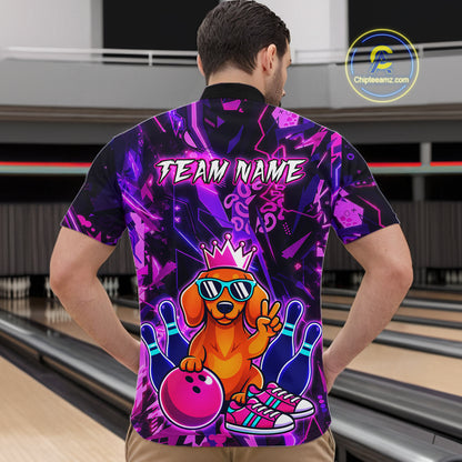 Man wearing a black and purple bowling polo shirt featuring a cartoon dachshund wearing sunglasses and a crown, holding a pink bowling ball, with custom team name text.