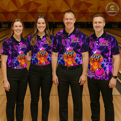 Four people wearing black and purple bowling polo shirt featuring a cartoon dachshund wearing sunglasses and a crown, holding a pink bowling ball, with custom your name text.