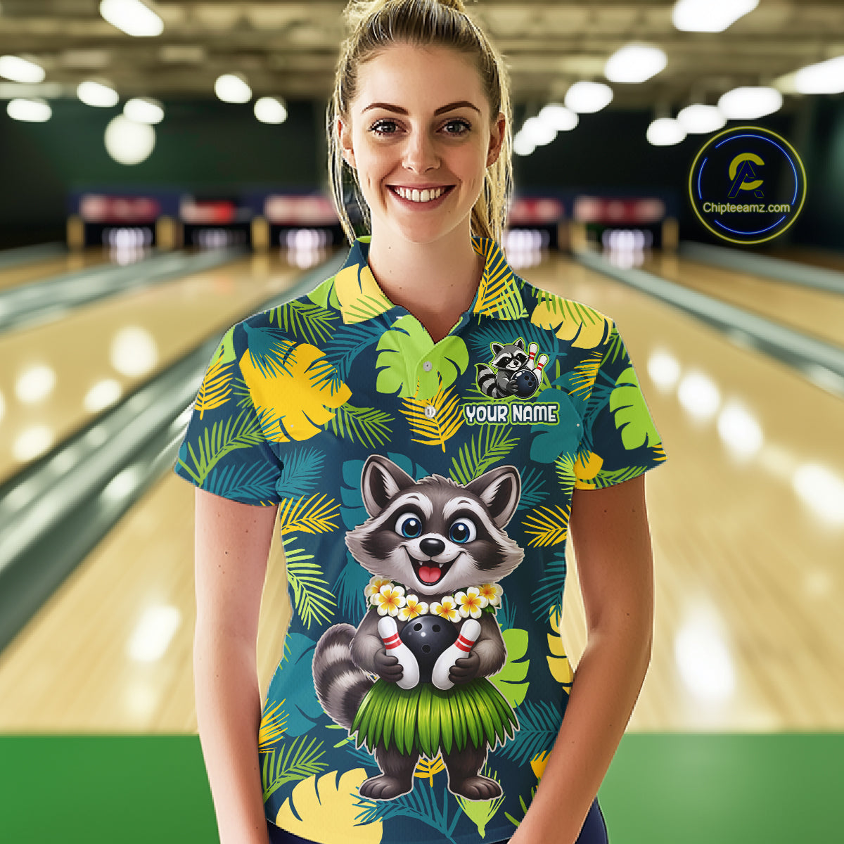 Woman wearing a tropical bowling polo featuring a smiling raccoon mascot in a grass skirt, leafy patterns, bowling pins, and custom your name text.