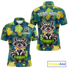 Load image into Gallery viewer, Front and back views of a tropical bowling polo featuring a smiling raccoon mascot in a grass skirt, leafy patterns, bowling pins, and custom team and your name text.