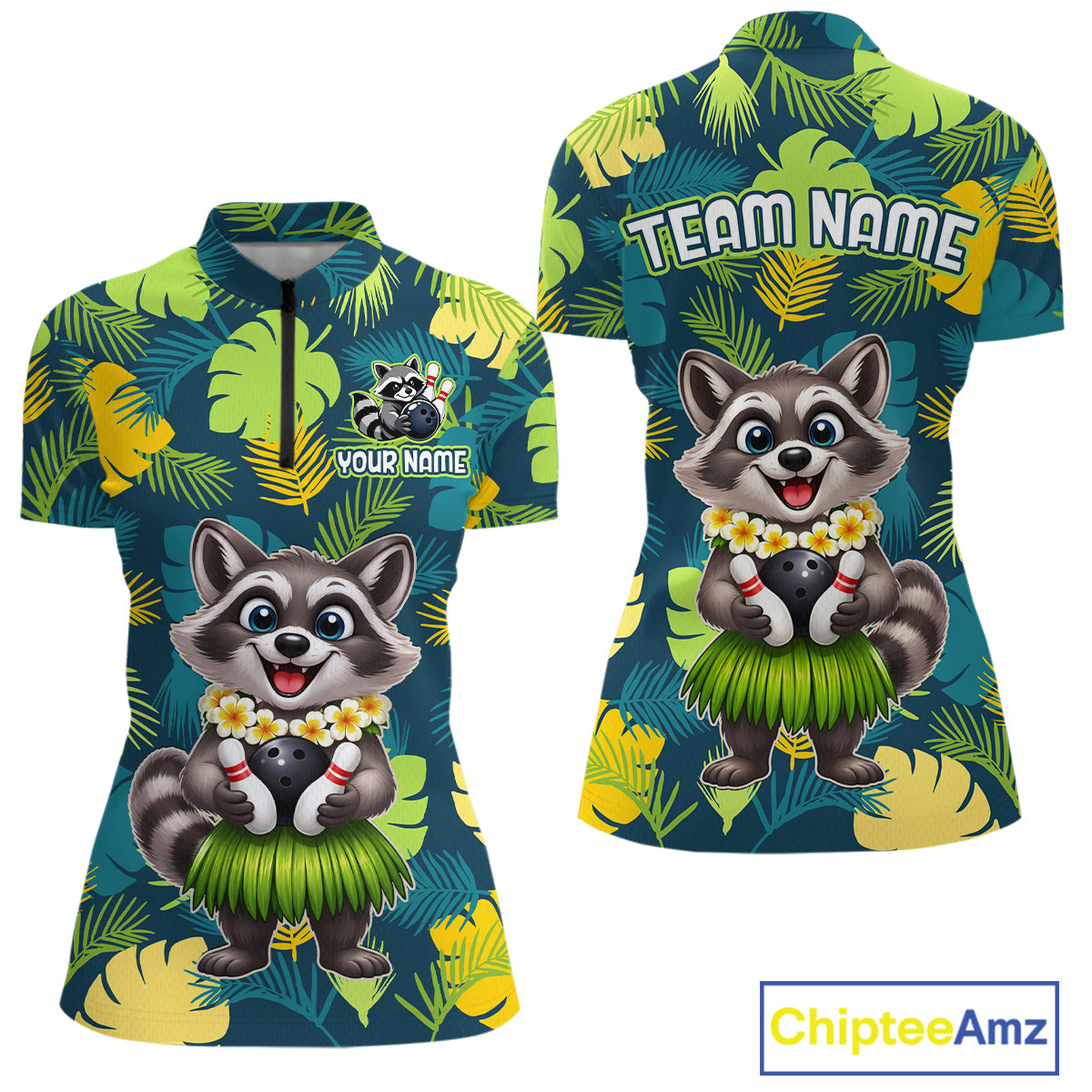 Front and back views of a tropical bowling quarter zip featuring a smiling raccoon mascot in a grass skirt, leafy patterns, bowling pins, and custom team and your name text.