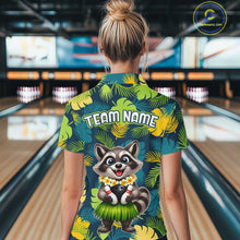 Load image into Gallery viewer, Woman wearing a tropical bowling quarter zip featuring a smiling raccoon mascot in a grass skirt, leafy patterns, bowling pins, and custom team name text.
