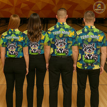 Load image into Gallery viewer, Four people wearing tropical bowling quarter zip featuring a smiling raccoon mascot in a grass skirt, leafy patterns, bowling pins, and custom team name text.