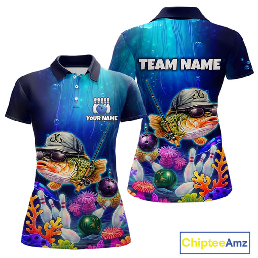 Front and back views of an underwater-themed bowling polo featuring a fish mascot wearing sunglasses and a cap, colorful coral reefs, bowling pins, bowling balls, and custom team text.