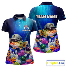 Load image into Gallery viewer, Front and back views of an underwater-themed bowling polo featuring a fish mascot wearing sunglasses and a cap, colorful coral reefs, bowling pins, bowling balls, and custom team text.