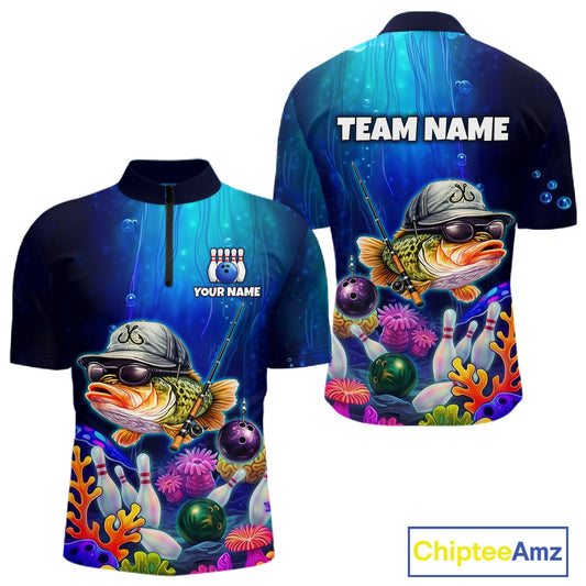 Front and back views of an underwater-themed bowling quarter zip featuring a fish mascot wearing sunglasses and a cap, colorful coral reefs, bowling pins, bowling balls, and custom team text.
