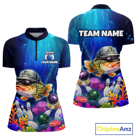 Front and back views of an underwater-themed bowling quarter zip featuring a fish mascot wearing sunglasses and a cap, colorful coral reefs, bowling pins, bowling balls, and custom team text.