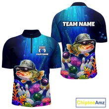 Load image into Gallery viewer, Front and back views of an underwater-themed bowling quarter zip featuring a fish mascot wearing sunglasses and a cap, colorful coral reefs, bowling pins, bowling balls, and custom team text.