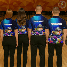 Load image into Gallery viewer, Four people wearing underwater-themed bowling polo featuring a fish mascot wearing sunglasses and a cap, colorful coral reefs, bowling pins, bowling balls, and custom team text.