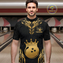 Load image into Gallery viewer, Men wearing personalized bowling quarter zip shirt with a crowned bowling ball centered among geometric gold patterns across a black layout.