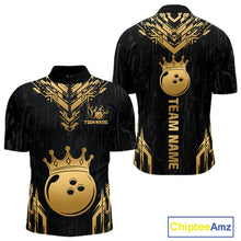 Load image into Gallery viewer, Front and back view personalized bowling quarter zip shirt with a crowned bowling ball centered among geometric gold patterns across a black layout.