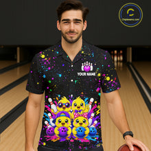 Load image into Gallery viewer, Men wearing personalized bowling hawaiin shirt with cartoon chicks holding bowling balls, framed by pins and colorful paint patterns on a black layout.