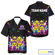 Load image into Gallery viewer, Front and back view personalized bowling hawaiin shirt with cartoon chicks holding bowling balls, framed by pins and colorful paint patterns on a black layout.