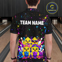 Load image into Gallery viewer, Men wearing personalized bowling polo shirt with cartoon chicks holding bowling balls, framed by pins and colorful paint patterns on a black layout.