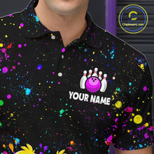 Load image into Gallery viewer, Personalized bowling polo shirt with cartoon chicks holding bowling balls, framed by pins and colorful paint patterns on a black layout.