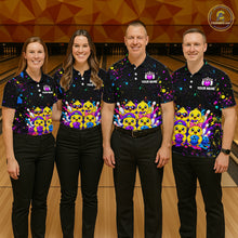 Load image into Gallery viewer, Four people wearing personalized bowling polo shirt with cartoon chicks holding bowling balls, framed by pins and colorful paint patterns on a black layout.