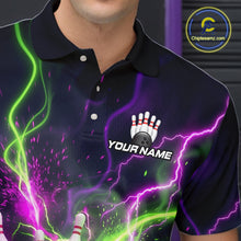 Load image into Gallery viewer, Personalized bowling polo with pink ball, scattered pins, neon lightning, team name, and player name on black background