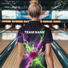 Load image into Gallery viewer, Women wearing personalized bowling polo with pink ball, scattered pins, neon lightning, team name, and player name on black background