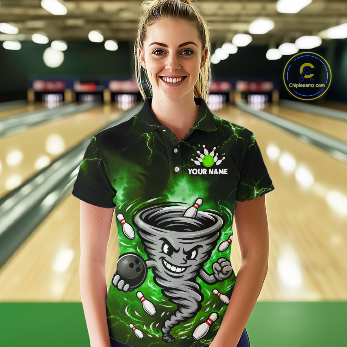 Custom Green Thunder Lightning Tornado Bowling Jersey for Women Bowling Team Shirts Polo & 1/4 Zip HNT477
