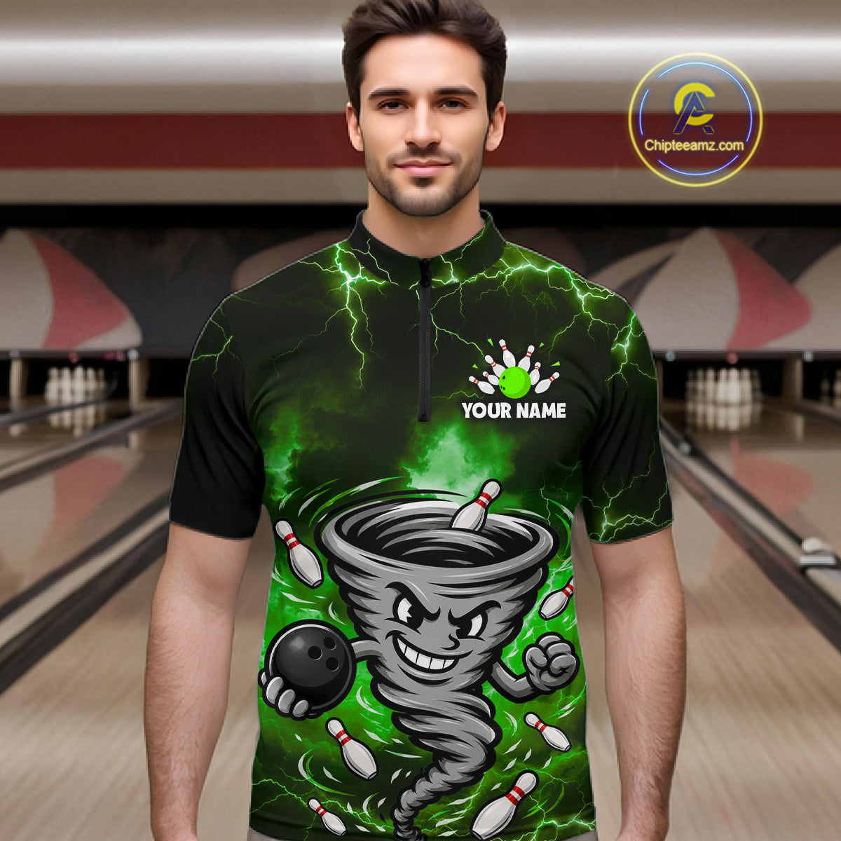 Custom Green Thunder Lightning Tornado Bowling Jersey for Men Bowling Team Shirts Polo & 1/4 Zip HNT477