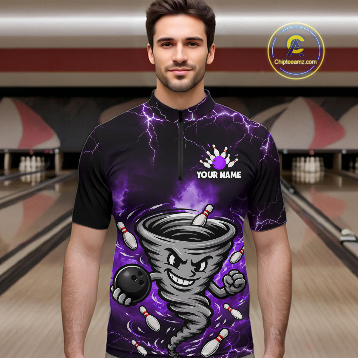 Custom Purple Thunder Lightning Tornado Bowling Jersey for Men Bowling Team Shirts Polo & 1/4 Zip HNT477
