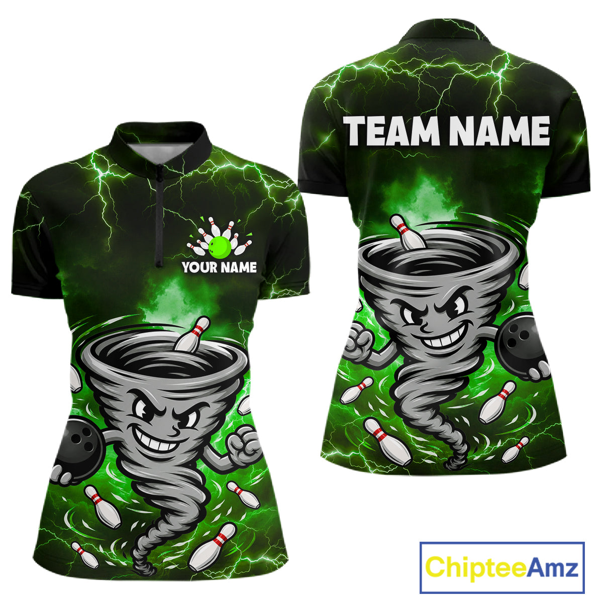 Custom Green Thunder Lightning Tornado Bowling Jersey for Women Bowling Team Shirts Polo & 1/4 Zip HNT477