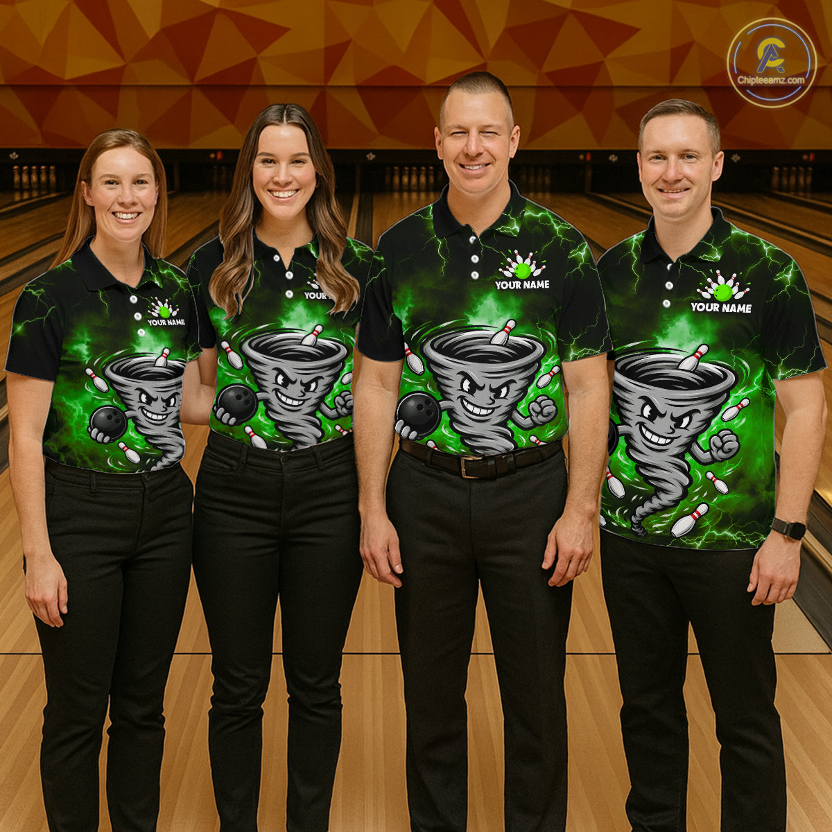 Custom Green Thunder Lightning Tornado Bowling Jersey for Men Bowling Team Shirts Polo & 1/4 Zip HNT477