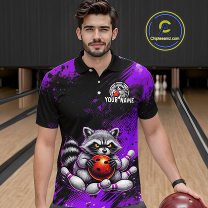 Purple Funny Raccoon Custom Bowling Jersey for Men Bowling Team Shirts Bowling Polo & 1/4 Zip HNT489