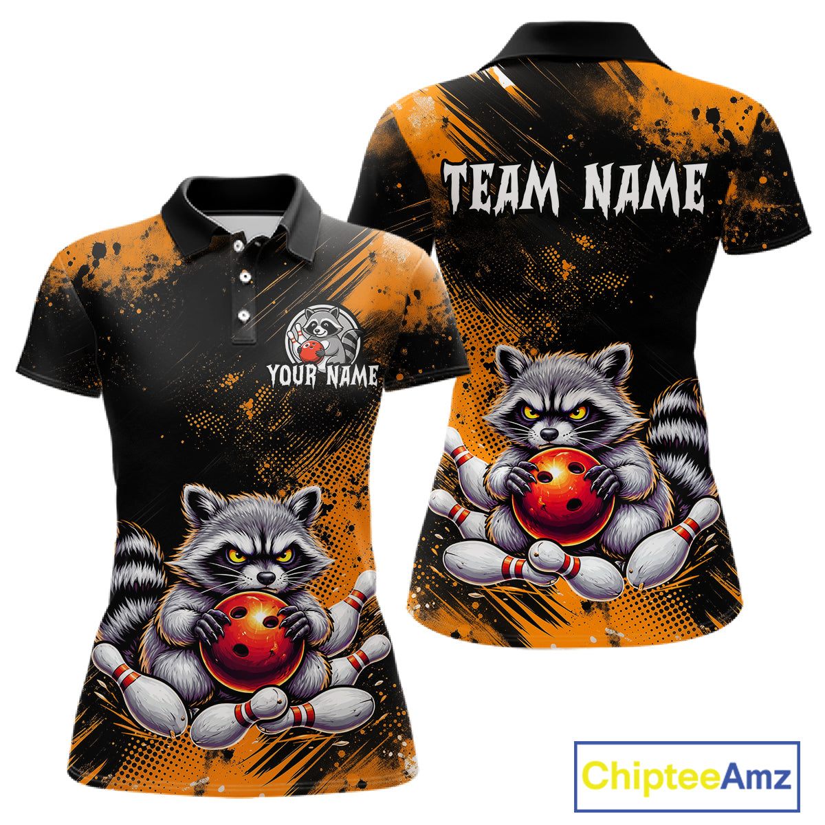 Orange Funny Raccoon Custom Bowling Jersey for Women Bowling Team Shirts Bowling League Polo & 1/4 Zip HNT489