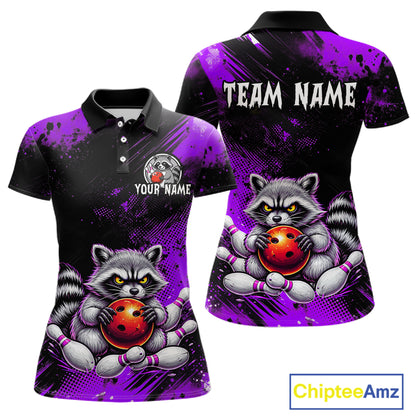 Purple Funny Raccoon Custom Bowling Jersey for Women Bowling Team Shirts Bowling League Polo & 1/4 Zip HNT489