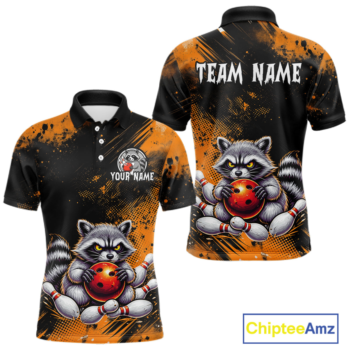 Orange Funny Raccoon Custom Bowling Jersey for Men Bowling Team Shirts Bowling Polo & 1/4 Zip HNT489