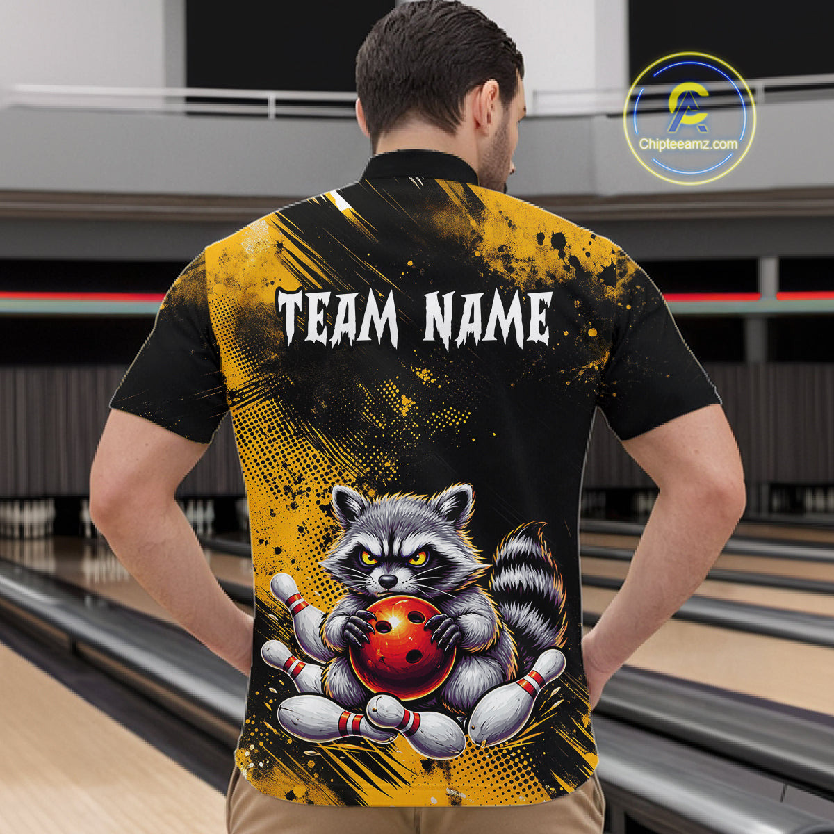 Yellow Funny Raccoon Custom Bowling Jersey for Men Bowling Team Shirts Bowling Polo & 1/4 Zip HNT489