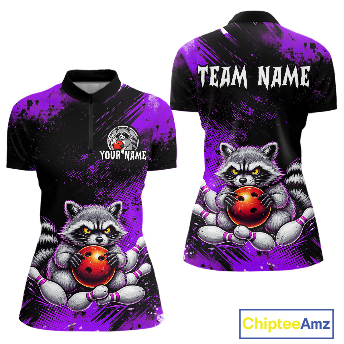 Purple Funny Raccoon Custom Bowling Jersey for Women Bowling Team Shirts Bowling League Polo & 1/4 Zip HNT489