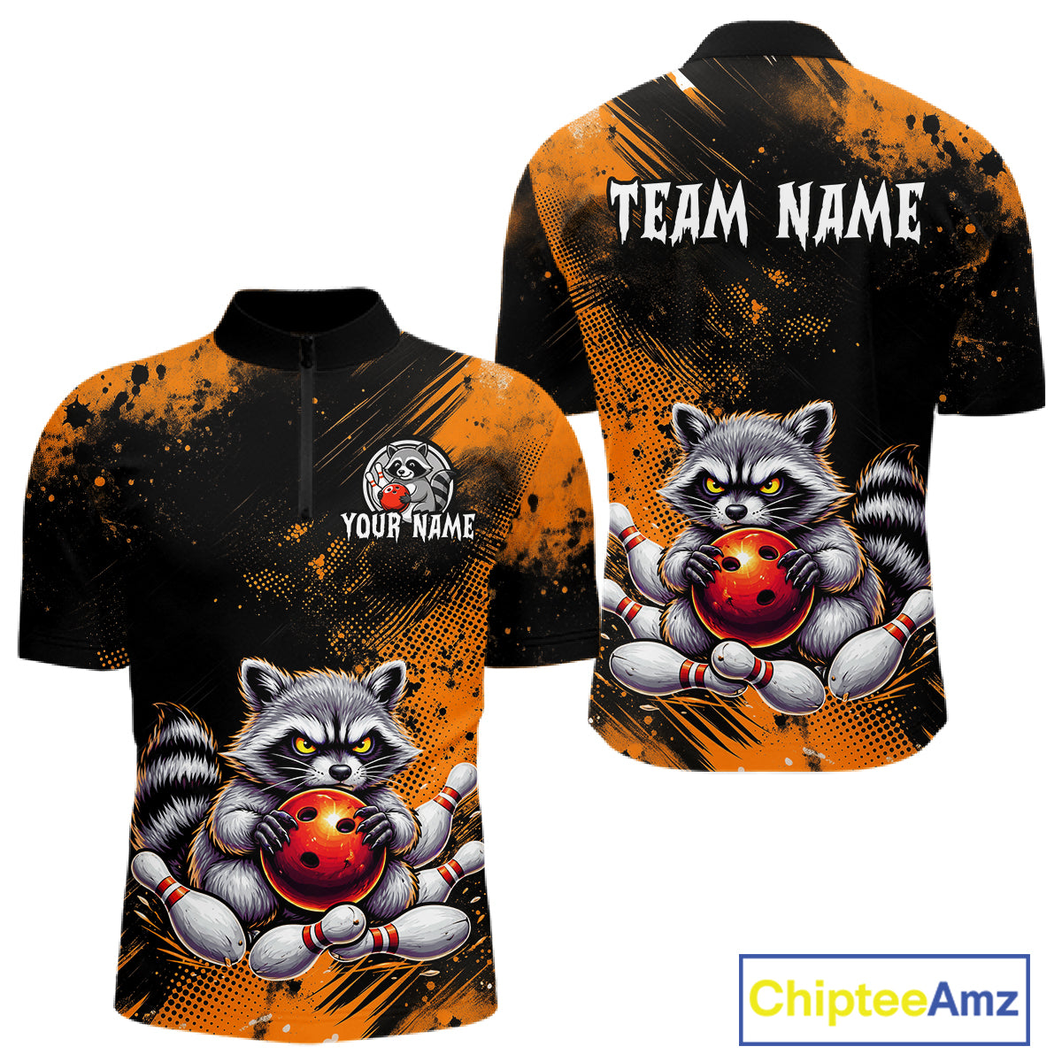 Orange Funny Raccoon Custom Bowling Jersey for Men Bowling Team Shirts Bowling Polo & 1/4 Zip HNT489