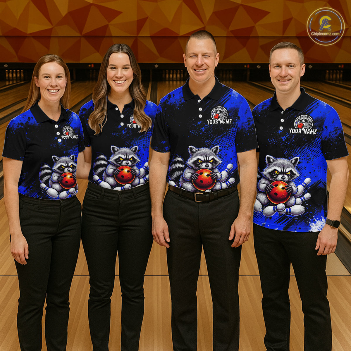 Blue Funny Raccoon Custom Bowling Jersey for Women Bowling Team Shirts Bowling League Polo & 1/4 Zip HNT489