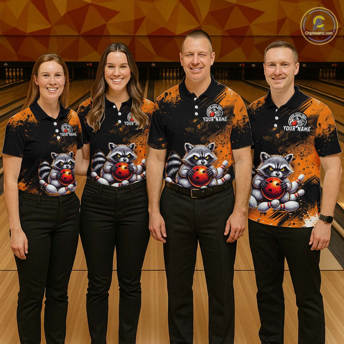 Orange Funny Raccoon Custom Bowling Jersey for Men Bowling Team Shirts Bowling Polo & 1/4 Zip HNT489