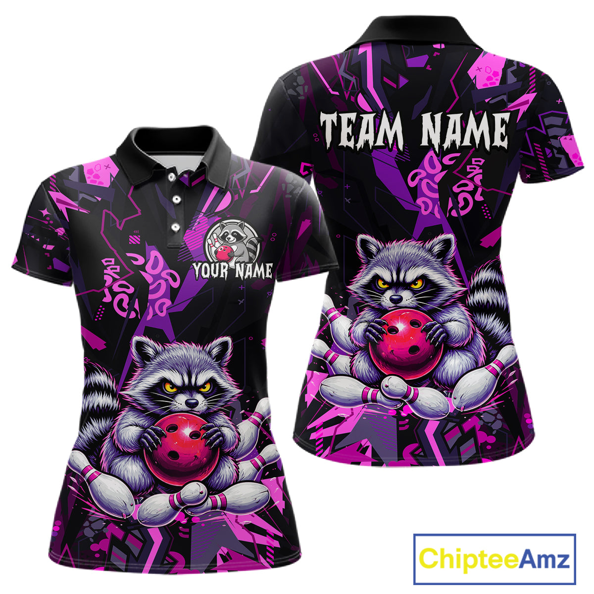 Custom Funny Raccoon Bowling Jersey for Women Bowling Team Shirts Bowling League Polo & 1/4 Zip HNT478