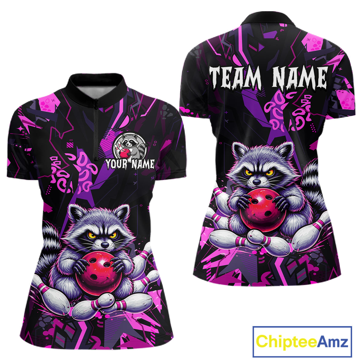 Custom Funny Raccoon Bowling Jersey for Women Bowling Team Shirts Bowling League Polo & 1/4 Zip HNT478