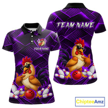 Load image into Gallery viewer, Front and back views of a purple and black bowling polo shirt featuring a cool rooster mascot wearing sunglasses, a red bowling ball, bowling pins, and custom team text.