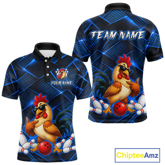 Front and back views of a blue and black bowling polo shirt featuring a cool rooster mascot wearing sunglasses, a red bowling ball, bowling pins, and custom team text.