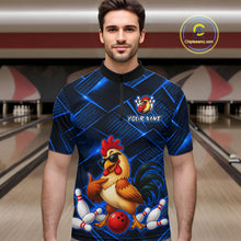 Load image into Gallery viewer, Man wearing a blue and black bowling quarter zip shirt featuring a cool rooster mascot wearing sunglasses, a red bowling ball, bowling pins, and custom your name text.