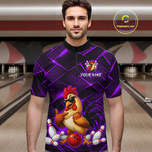 Load image into Gallery viewer, Man wearing a purple and black bowling quarter zip shirt featuring a cool rooster mascot wearing sunglasses, a red bowling ball, bowling pins, and custom your name text.