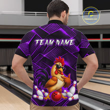 Load image into Gallery viewer, Man wearing a purple and black bowling quarter zip shirt featuring a cool rooster mascot wearing sunglasses, a red bowling ball, bowling pins, and custom team name text.