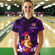 Load image into Gallery viewer, Woman wearing a purple and black bowling quarter zip shirt featuring a cool rooster mascot wearing sunglasses, a red bowling ball, bowling pins, and custom your name text.